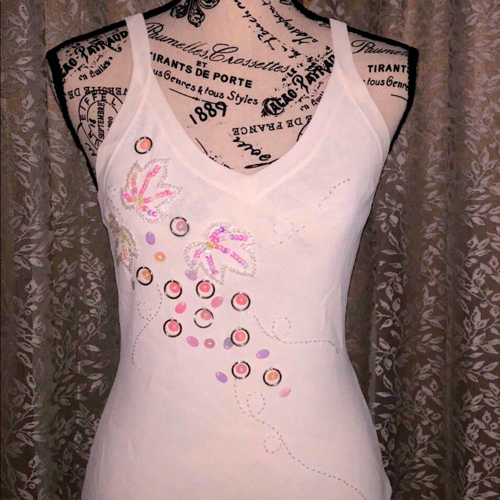 sequin tank top with dangling silver rings